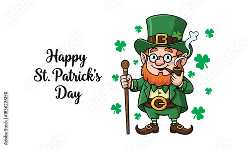 A whimsical illustration for a festive Irish celebration, featuring a charming folklore character in green with shamrocks and a greeting