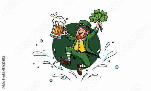 A jubilant Irish leprechaun mascot, full of festive spirit, leaps with a frothy beer mug and lucky shamrock, embodying a lively celebration of heritage and good cheer