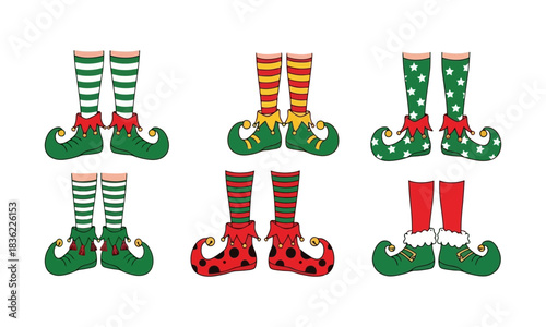 Festive and colorful collection of whimsical elf legs and pointy shoes, perfect for Christmas holiday designs and magical winter celebrations