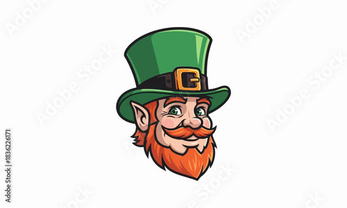 Smiling leprechaun head with red beard and green top hat. A cartoon mascot for St. Patrick's Day celebrations and Irish folklore