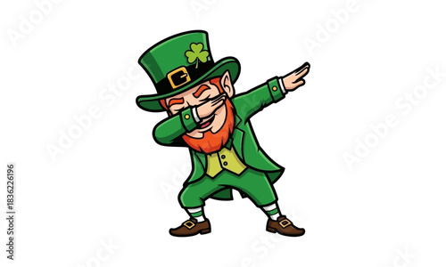 Cheerful cartoon leprechaun character in green suit and hat performing a popular celebratory dab pose, embodying fun and festive spirit