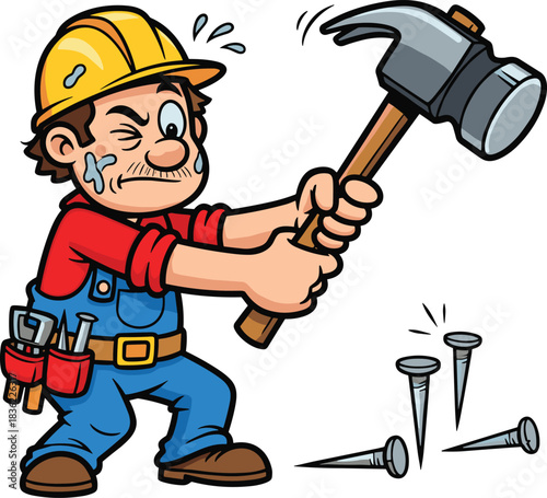 Construction worker hammering nails cartoon illustration, symbolic labor gesture and expressive manual effort artwork for design and service