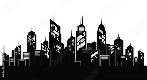 Modern city skyline at night with glowing windows and towering skyscrapers