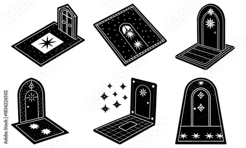 A collection of black and white doorways with stars and celestial designs in a whimsical style