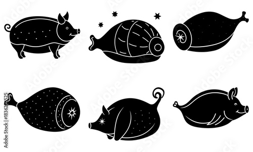 Black and white vector illustration of pigs and hams in various poses and decorative patterns style drawing