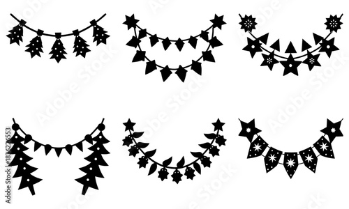 Collection of six decorative garlands featuring christmas trees stars and pennants in black and white style