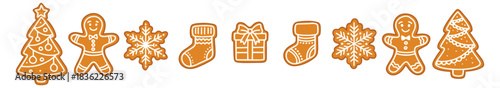 Festive line of baked treats. Row of gingerbread biscuits including fir tree, man, snowflake, stocking and gift box for holiday design layout.