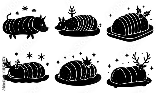 Stylized christmas desserts and animal illustrations in black and white festive holiday treats and animals