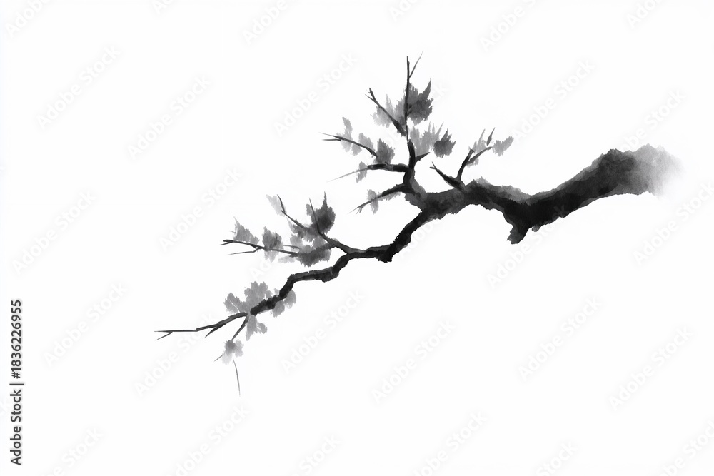 Fototapeta premium Watercolor tree branch in black and white on white background
