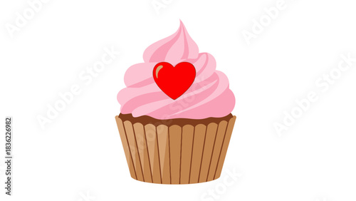 Delicious birthday cupcake with pink cream frosting and chocolate cake base isolated on a white background as a sweet bakery dessert illustration
