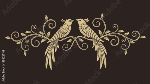 Two ornate golden birds perched on a symmetrical swirling vine with leaves, an elegant decorative design element.