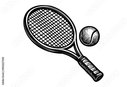 Vintage engraved illustration of a tennis racket and ball — stock vector.