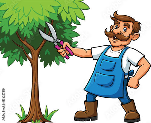 Gardener trimming tree cartoon illustration, symbolic care gesture and expressive landscaping artwork for design and environmental education