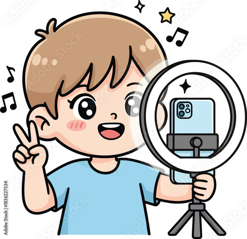 Cartoon boy recording video with ring light and phone, making peace sign.