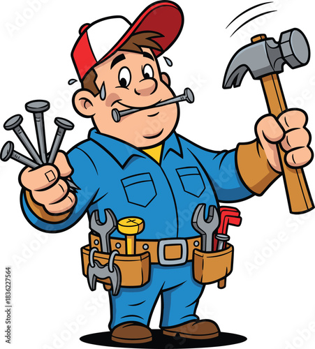 Handyman with hammer and nails cartoon illustration, symbolic labor gesture and expressive construction effort artwork for design and service