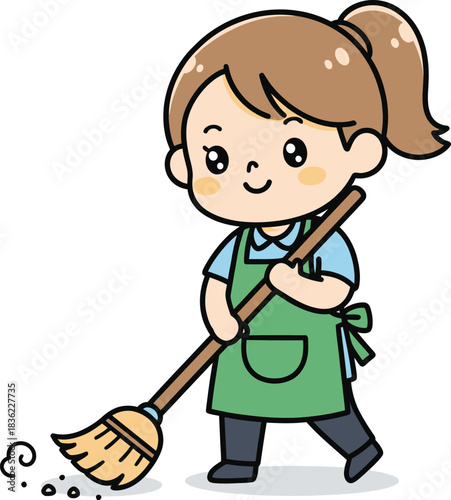 Cartoon woman sweeping with a broom, wearing an apron and smiling.