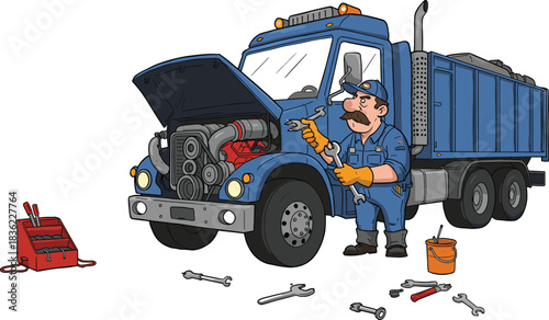 Mechanic inspecting truck engine cartoon illustration, symbolic repair gesture and expressive automotive service artwork for design and education