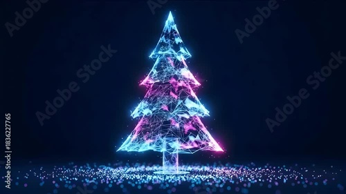 Glowing christmas tree with geometric mesh and dark background 4k video