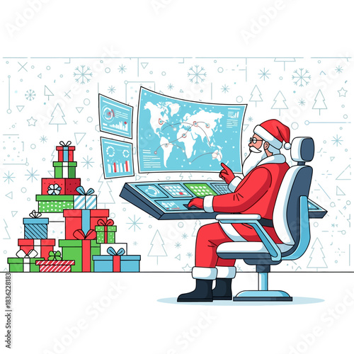 Flat 2D vector scene featuring Santa Claus in a high-tech logistics control room, viewing a glowing transparent world map display while piles of stylized gifts wait for delivery.