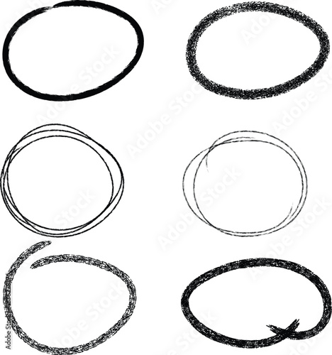 Six hand drawn black circles and ovals on white background vector