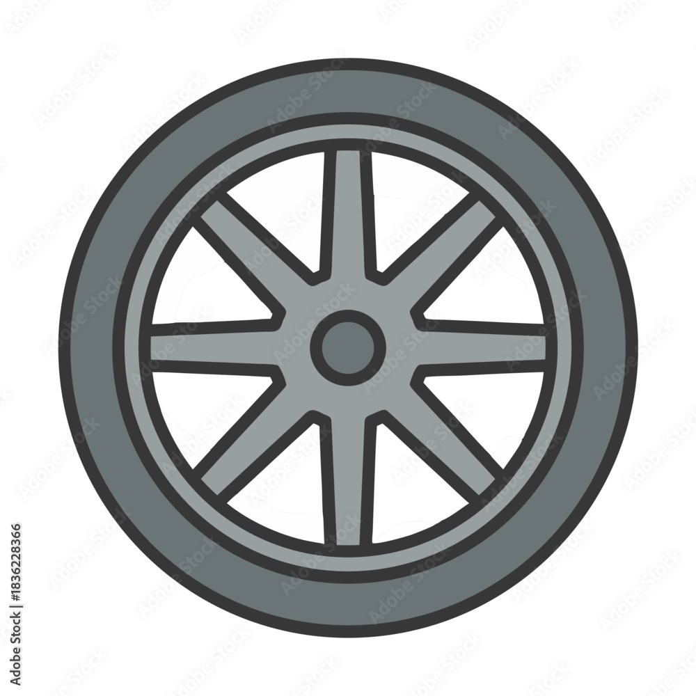 Obraz premium Gray Spoked Wheel With Thick Tire Rendered In Flat Vector Art Style Isolated On Black Background