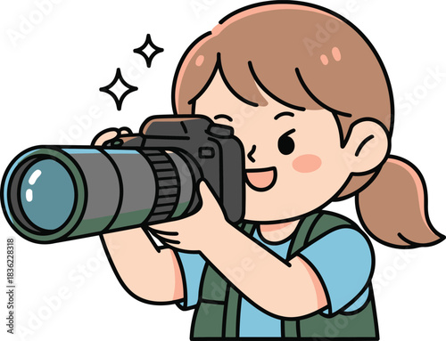 Cartoon woman taking a photo with a large camera and lens, smiling with stars around her.