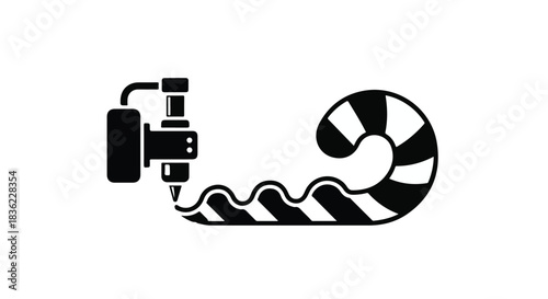 3D printer creating a striped candy cane shape, symbolizing innovation and sweet ideas.