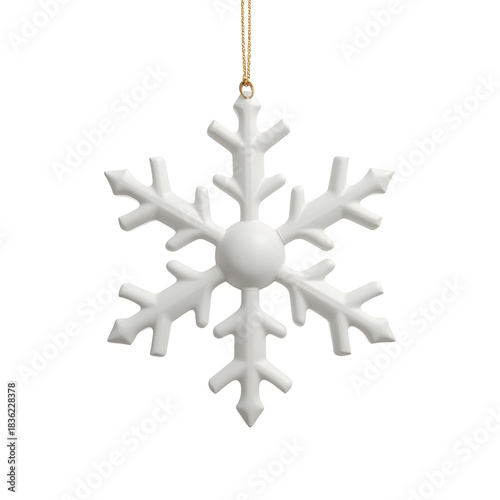Minimalistic snowflake ornament hanging against a white background, winter decor