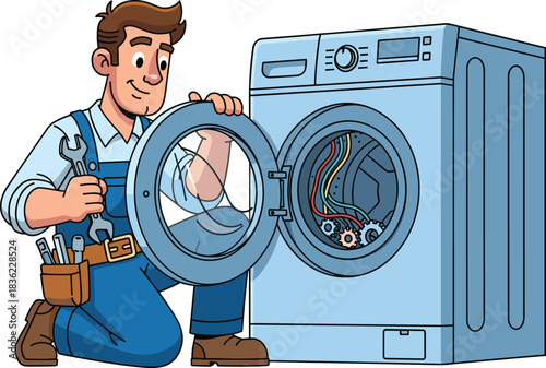 Repairman fixing washing machine cartoon illustration, symbolic diagnostic gesture and expressive appliance service artwork for design and care