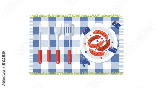 Barbecue feast with sausages and cutlery on a checkered picnic blanket