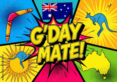 G'Day Mate! Australia Pop Art Illustration with Kangaroo, Boomerang & Flag