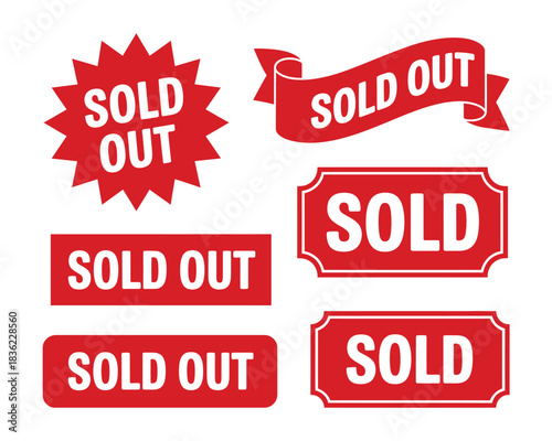 Collection of vibrant red 'Sold Out' labels and stickers for e-commerce