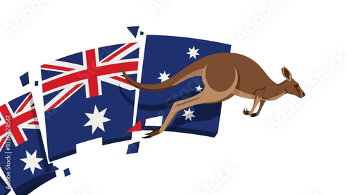 Australian Culture and Wildlife Kangaroo Leaping over Flag