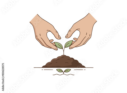 Hands Caring For A Small Sprout Growing In Soil With Two Leaves And A Heart Shape Symbol Above The Plant On A Black Background