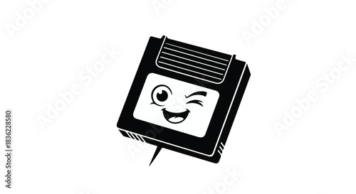 Playful retro video game cartridge with a happy, winking face