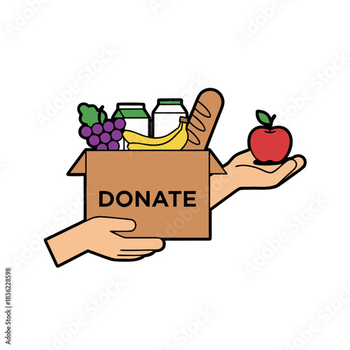 Hands Offering Food Donation Box Filled With Fruits Bread And Milk Products With A Red Apple Balanced On One Hand Over White Background