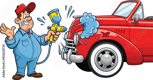 Smiling auto technician painting classic car cartoon illustration, symbolic customization gesture and expressive service artwork for design