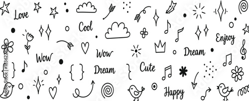 Whimsical hand-drawn doodle elements for creative design assets