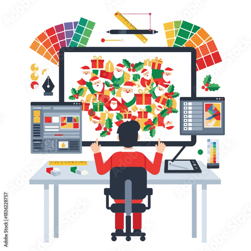 Ilustrasi vektor 2D datar penuh warna menggambarkan seorang desainer profesional yang sedang membuat pola Natal geometris tanpa batas di layar besar di meja kerja kreatif modern yang terang.