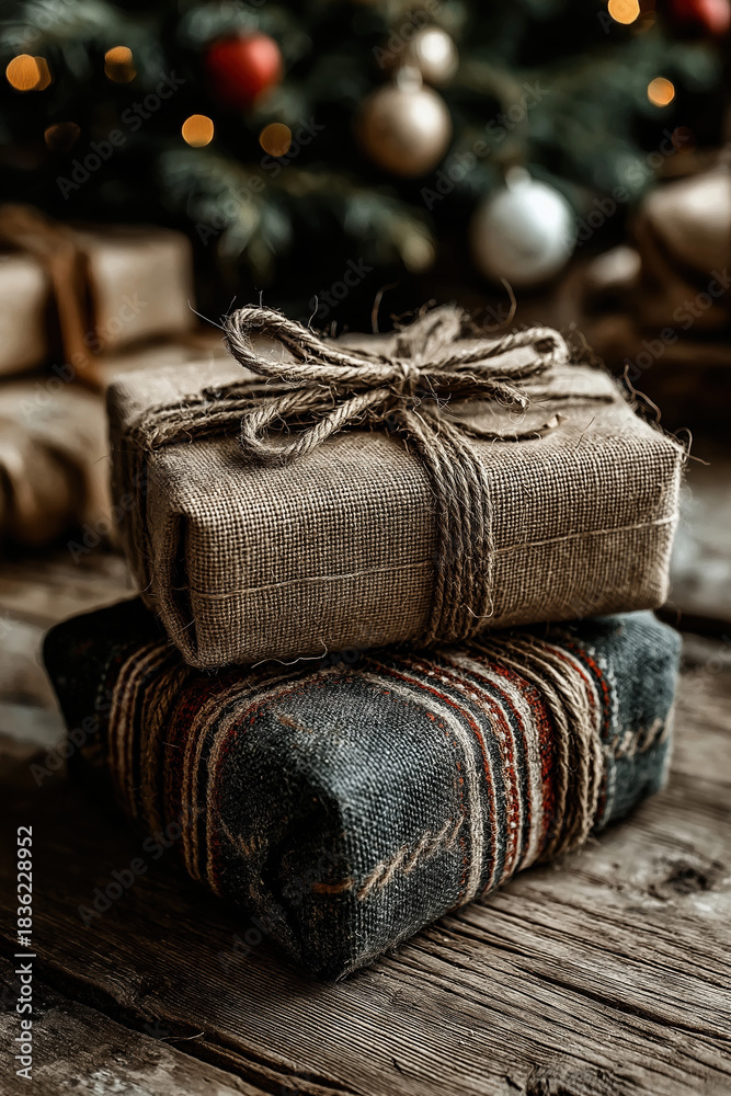 Fototapeta premium Cadeaux de Noël emballés écologiquement avec tissu, toile de jute et ficelle devant un sapin illuminé, concept de fêtes durables, DIY et décoration rustique chaleureuse