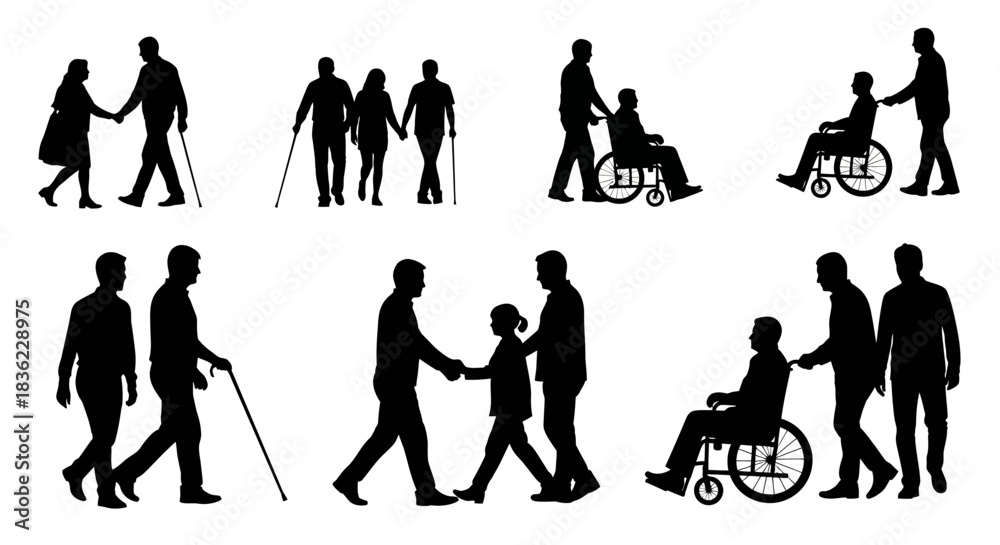 Obraz premium Silhouettes of people assisting others including those with disabilities and the elderly