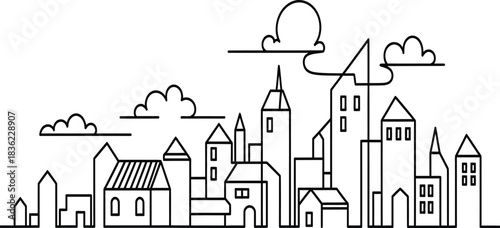 Outline city skyline with diverse buildings and clouds line art