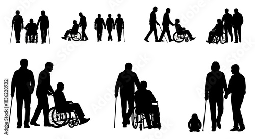 Diverse silhouettes of people assisting and interacting with individuals in wheelchairs and with canes