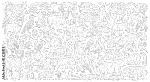 Intricate line drawing of a dense forest filled with various animals and figures