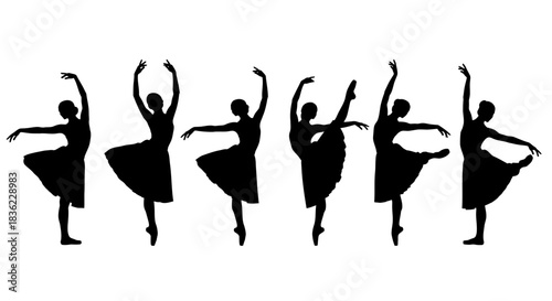 Silhouettes of six graceful ballerinas performing elegant ballet poses