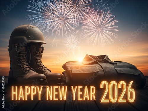 Happy New Year 2026 with Military Uniform and Boots Under Fireworks Display