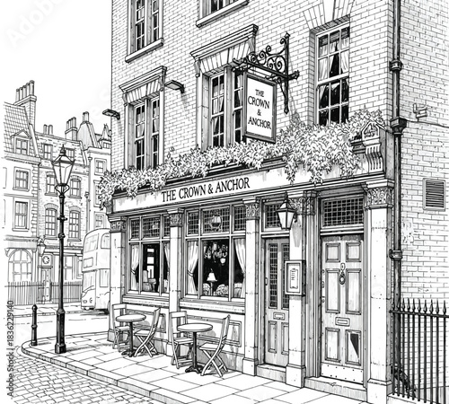 Classic london pub exterior illustration, the crown & anchor