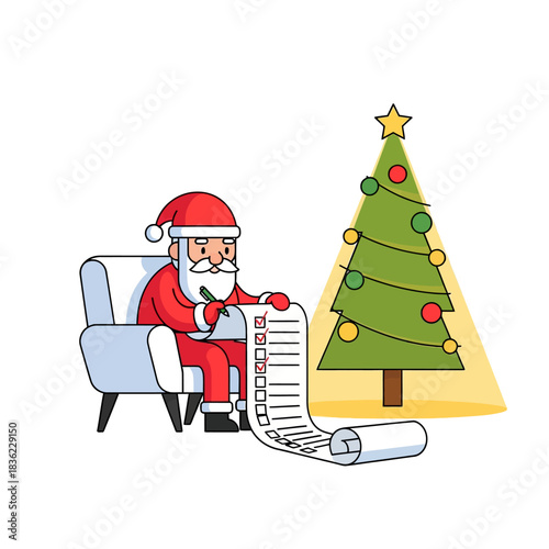 Sinterklas minimalis ramah duduk di kursi berlengan, memeriksa gulungan panjang di samping pohon Natal bercahaya dalam adegan vektor 2D datar yang bersemangat.