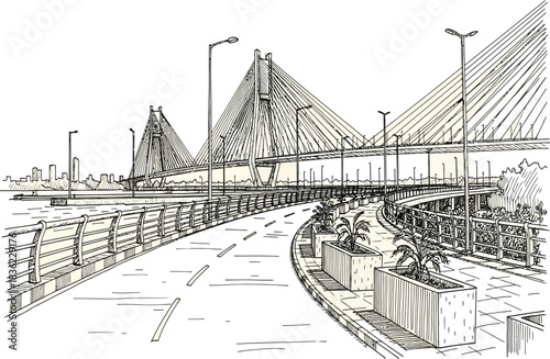 Hand-drawn sketch of calcutta, india's iconic vidyasagar setu bridge.