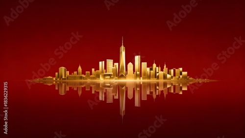 Golden city skyline against red background